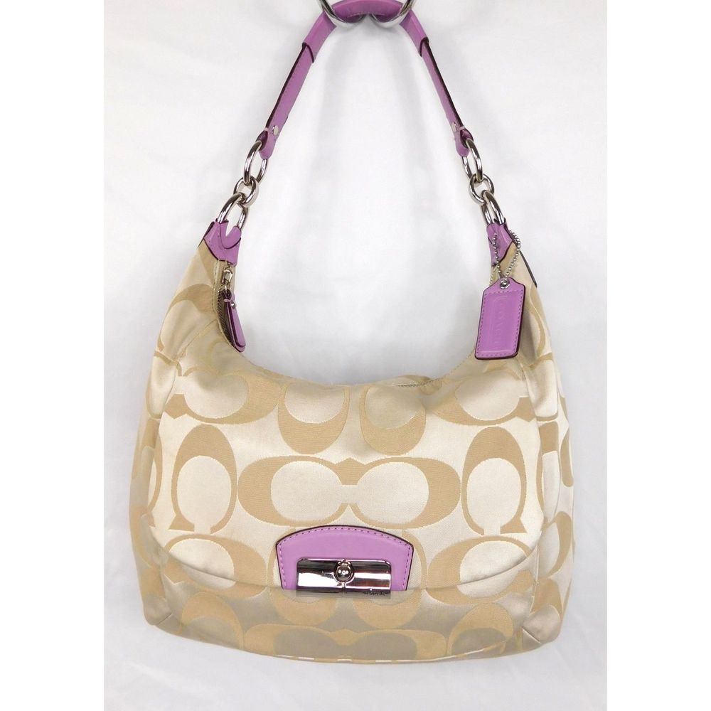 Coach Monogram Fabric Purple Leather Trim Hobo Shoulder Bag